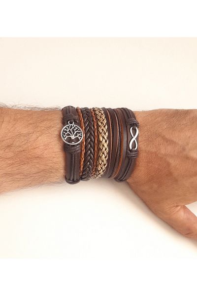 AB Takı Eternity Tree of Life Design 5-Piece Genuine Leather Bracelet