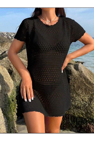 Gülçin Coşkun Openwork Pattern Crew Neck Short Sleeve Bikini Top Knitwear 100% Cotton Pareo-Beach Dress