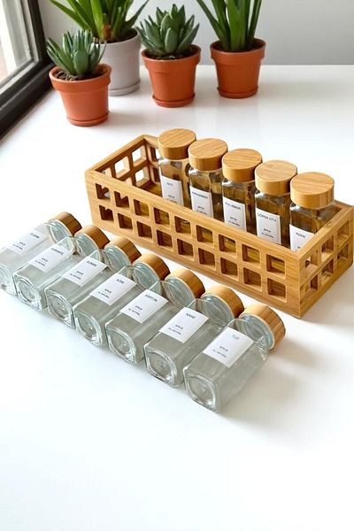 LUMİNA Set of 12 Bamboo Spice Racks with Bamboo Stand and Bamboo Lids – with Labels
