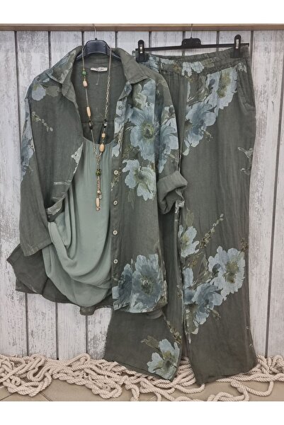 pudubutik Straight Cut Patterned Linen Trousers Khaki