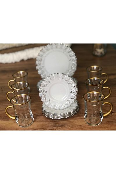 B&M Silver Lace Patterned Curved 18 Piece Tea Enjoyment Set (Glass with Handle)