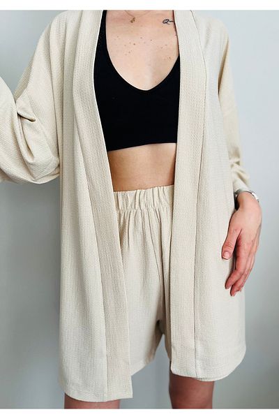 VOL Belted Front Tie Kimono (Cardigan) - Shorts Set