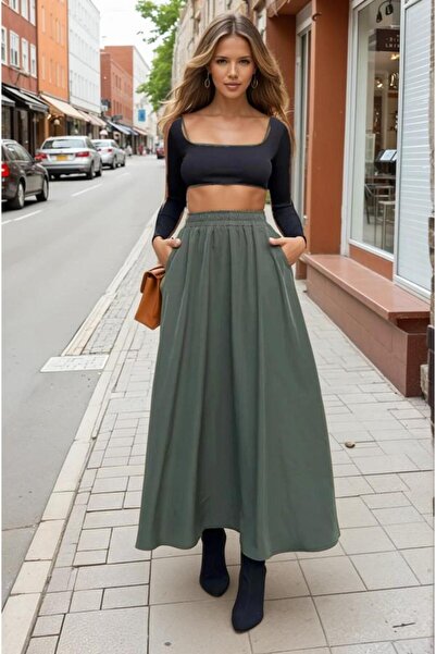 Pasaklı Giyim Fusta Kupra pentru femei, sezon nou, kaki, cu talie elastică, în formă de A, lungă, cu talie înaltă 3676286