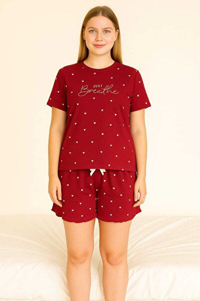 unbranded Women's Pajama Set with Heart Pattern Red Short Sleeve Shorts