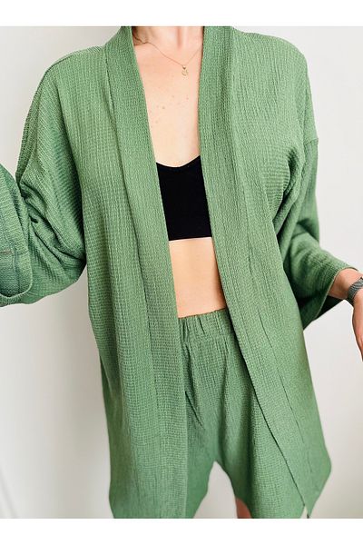 VOL Belted Front Tie Kimono (Cardigan) - Shorts Set