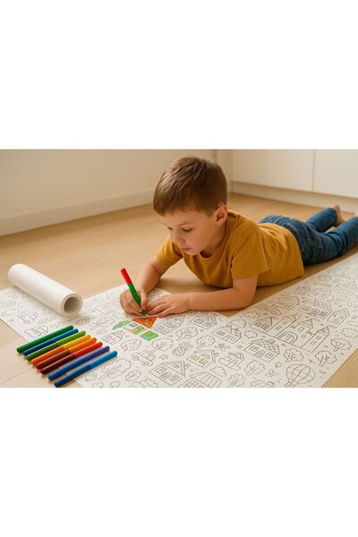 Genel Markalar 2 Metre Dev Boyama Kağıdı + 6'lı Keçeli Kalem / Eğitici Rulo B...