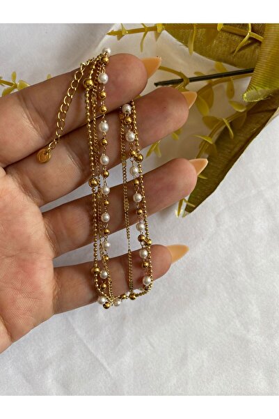 ŞİMŞEK KIRTASİYE BİJUTERİ 3 سلسلة من الفولاذ الذهبي مع تفاصيل اللؤلؤ