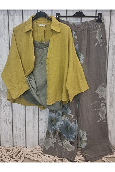 pudubutik Straight Cut Patterned Linen Trousers Mink