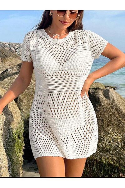 Gülçin Coşkun Openwork Pattern Crew Neck Short Sleeve Bikini Top Knitwear 100% Cotton Pareo-Beach Dress
