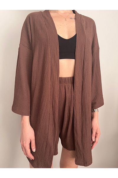 VOL Belted Front Tie Kimono (Cardigan) - Shorts Set