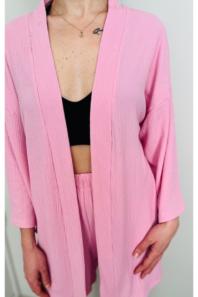 VOL Belted Front Tie Kimono (Cardigan) - Shorts Set