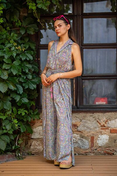 Miss Boheme Pembe Renk Ön Yırtmaç Detaylı Bohem İpek Tulum