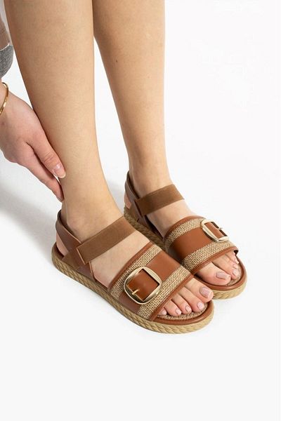 STOCON Gold Buckle Straw Strap Women's Sandals Daily Stylish Use and Beach Sandals Stc1117