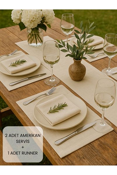 Misue Handmade American Service and Runner Set 100% Cotton, 3 Pieces of Tableware, 2 Pieces of Supla + 1 Piece of Runner