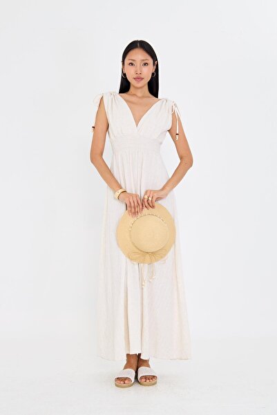 TIFFANY&TOMATO Beli Lastikli Keten Görünümlü Uzun Elbise