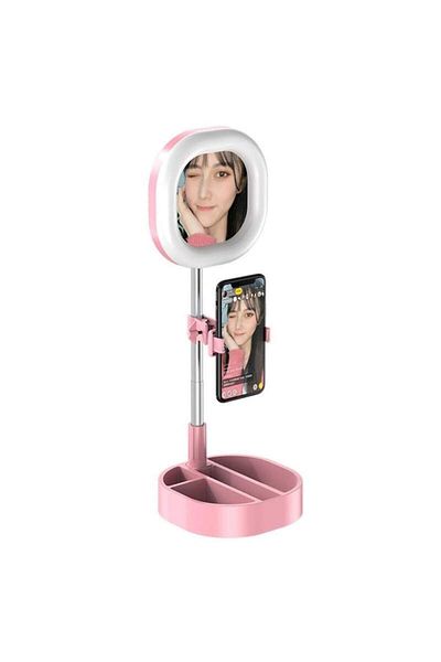 SIKS ® square circular makeup lamp, with mirror and phone/accessory holder, portable, 64 LEDs, pink