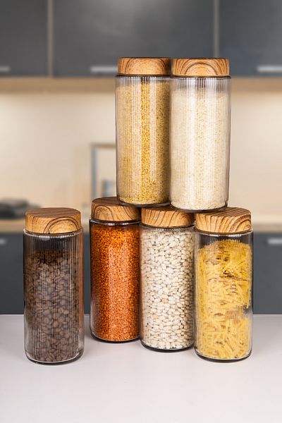 naturelove 6 Pieces of Wooden Look Glass Jar with Lid and Food Storage Container 1500 ml