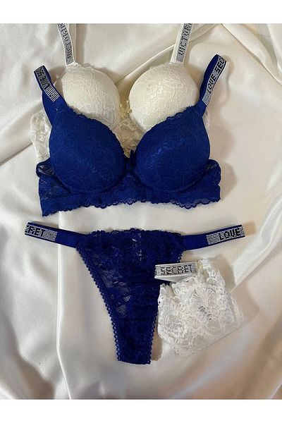 Beyaz Gelincik Underwear Women's Lace Stone Supported Padded Push up Bra Set Underwear Set Double Pack Advantageous