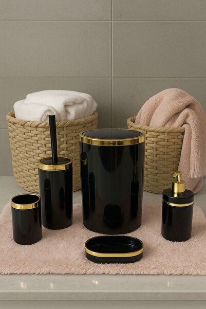 Zoe Home طقم مرحاض فاخر مكون من 5 قطع، طقم إكسسوارات حمام حديث بتفاصيل ذهبية