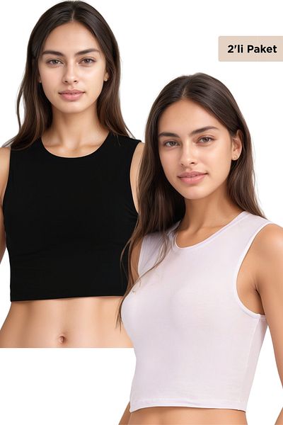 Soweto Black-White 2-Pack Cotton, Lycra Crop Crew Neck Sleeveless Tank Top