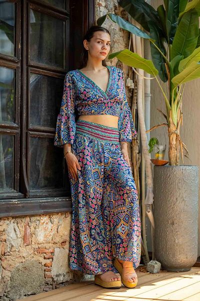 Miss Boheme Blue Color Sequin Detailed Silk Trousers Blouse Set