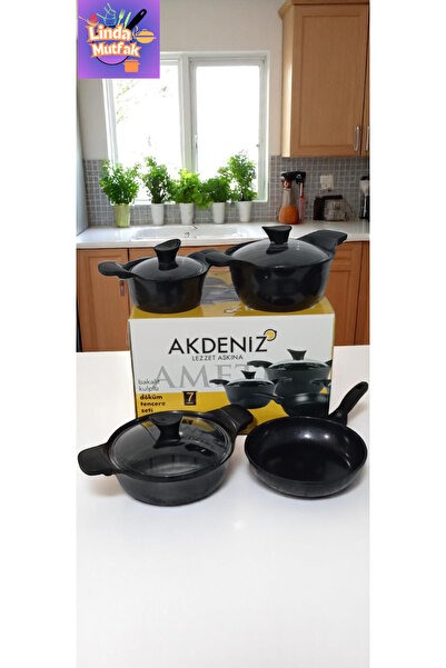 Akdeniz 7 Parça Bakalit Kulplu Cam Kapaklı Döküm Tencere seti