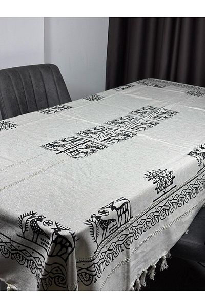 Sobe Hediyelik Hand Printed Woven Tablecloth – 220X150 cm Rectangular, Tassels, Ethnic and Stylish Model