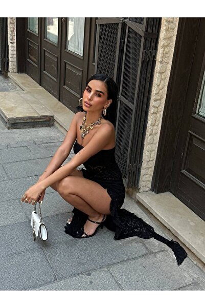 Friday Mood Γυναικείο βολάν με λεπτομέρεια δαντελωτό διαφανές στράπλες φόρεμα