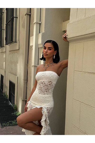 Friday Mood Women's Ruffle Detailed Lace Transparent Strapless Dress