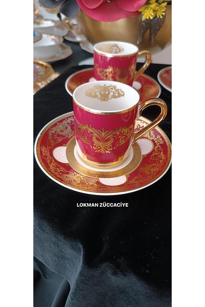 LOKMAN ZÜCCACİYE Bovaria Germany Hand Made 24K Brush Gold Handworked Coffee Cup Set 90 ml (Model 3)