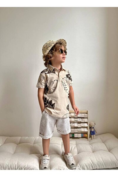 lesa kids wear Leaf Printed T-Shirt Linen Shorts Boys Set