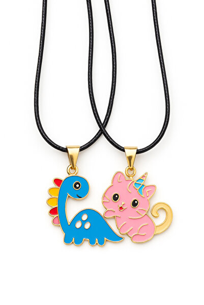 MakeWell Mıknatıslı Kedi Ve Dinozor Tasarımlı Deri Ipli 2li Çocuk Genç Kolyeleri Arkadaşlık Kolyesi