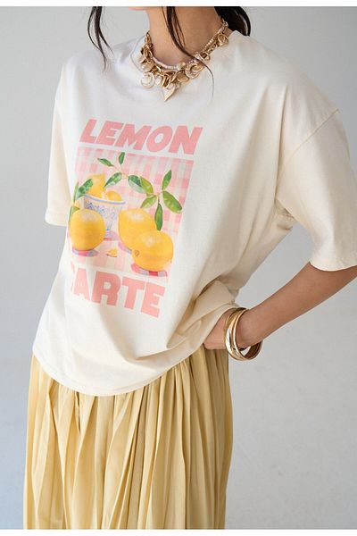 FEMMESTUDIO Women's Ecru Crew Neck Lemon Tarte Printed Oversize T-Shirt
