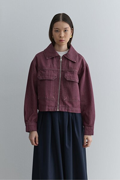 Fahhar Metal Zipper Denim Jacket Burgundy
