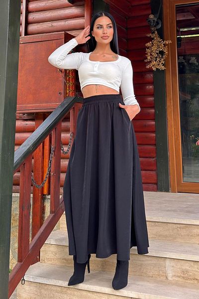 NEW LAVİVA Γυναικεία μαύρη ελαστική casual φούστα - 700-3676