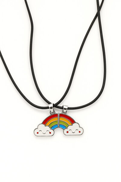 MakeWell Mıknatıslı Çilek Ve Gökkuşağı Tasarımlı Deri Ipli 2li Çocuk Genç Kolyeleri Arkadaşlık Kolyesi