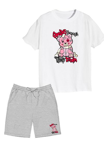 makiteks Set de 2 pantaloni scurți și tricou pentru femei, din bumbac, de culoare uni, Smile Through Pain
