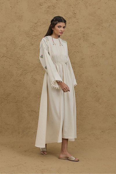 Fahhar Embroidered Linen Blend Dress Natural