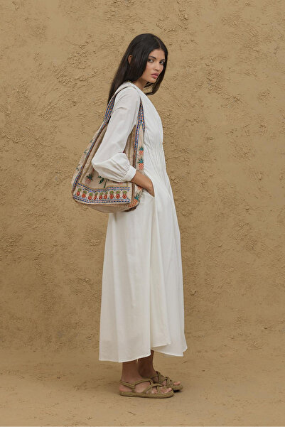 Fahhar Beli Nervürlü Elbise Ekru