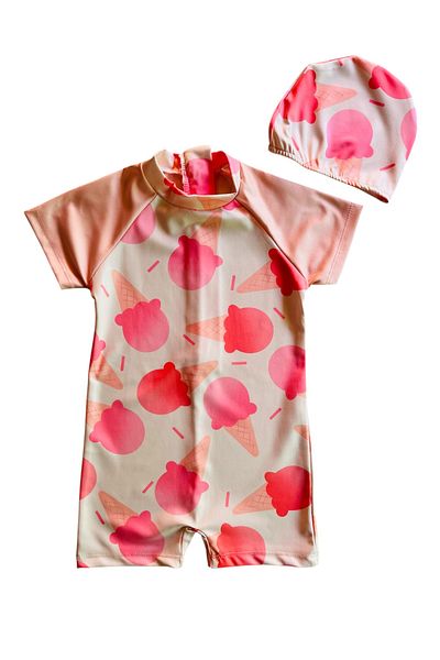 YUMİYUMM Girl's Ice Cream Themed Checkered Jumpsuit Swimsuit