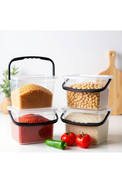 Justyol Set of 4 4 Liter Transparent Storage Containers with Handles – Mega Size Square Flour, Pulses and Detergent Box