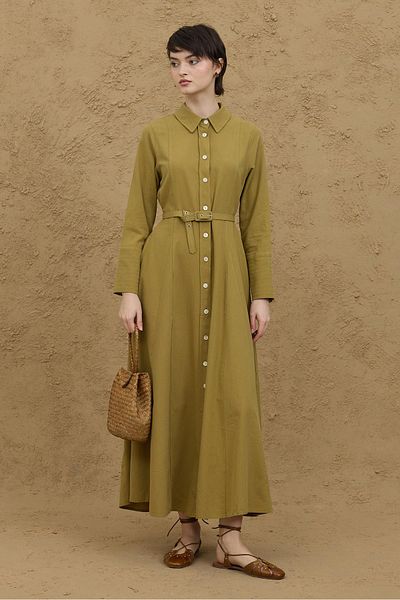 Fahhar Λινό Πουκάμισο Φόρεμα Fat Green