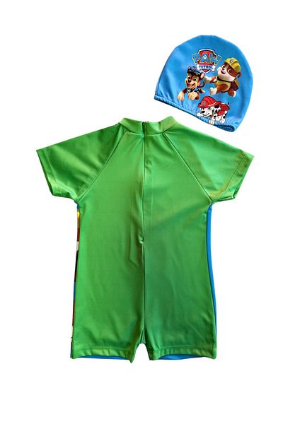 YUMİYUMM Boy's Character Themed Blue-Green Checkered Jumpsuit Swimsuit