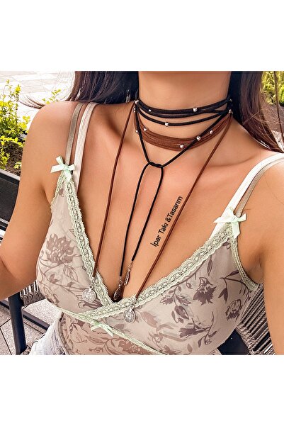 İPAR AKSESUAR 2 ADET TAKIM ETNIK TREND MODA UZUN SÜET SİYAH KAHVE TASARİM KOLYE