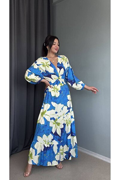 Hotfashion Çok Renkli Beli Lastikli Önden Düğüm Detaylı Çiçek Desenli Elbise