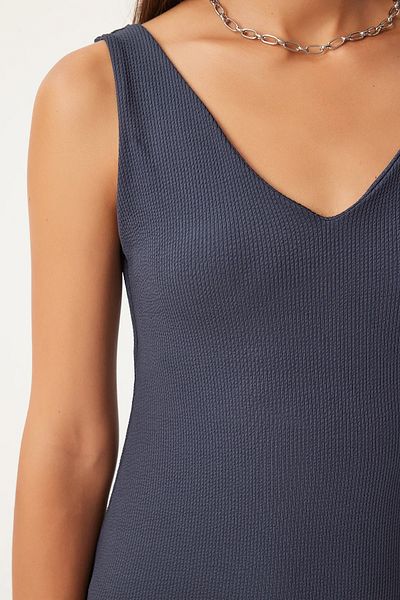 TUĞÇE ÖZER BUTİK Women's Anthracite Strap V-Neck Ribbed Knitted Dress