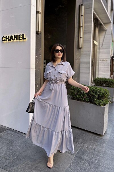 NEW LAVİVA Women's Gray Ruffle Safari Long Dress - 700-3336