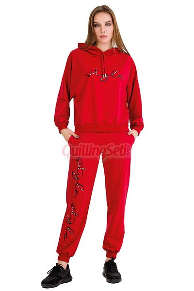 quilling Long Sleeve 22081 Women's Sports Tracksuit Set with Hood and Kangaroo Pocket Red Color