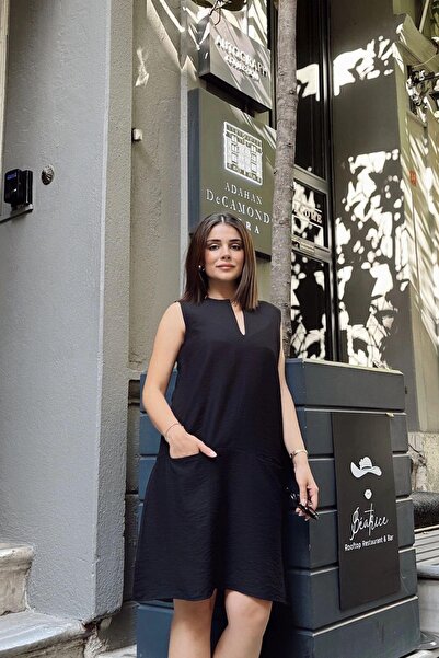 NEW LAVİVA Women's Black Linen V-Neck Hidden Pocket Dress - 700-3428