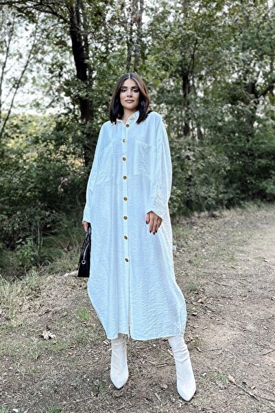 NEW LAVİVA Women's Ecru Oversized Long Loose Linen Shirt Dress - 700-3282